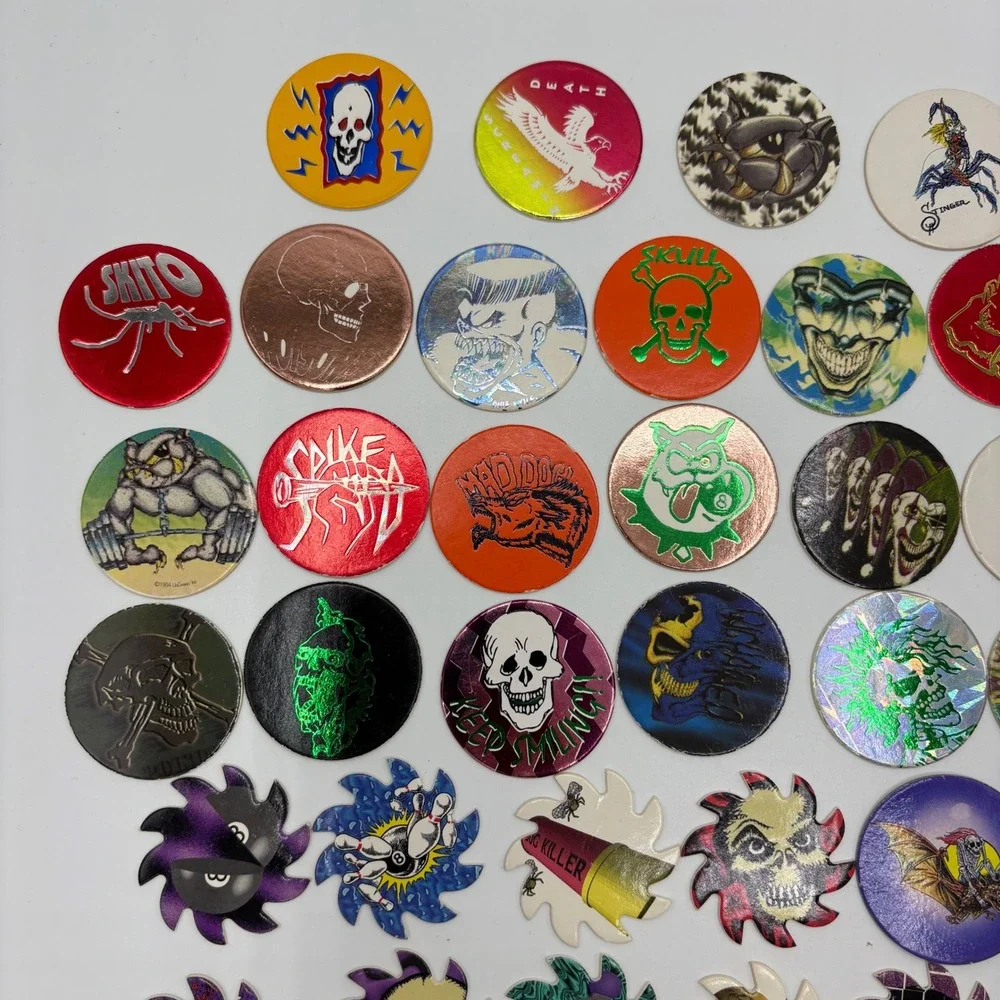 Vintage Pogs & Saw-blade Lot 53pc Skulls Poison 8-Ball 90s Games Good to Great